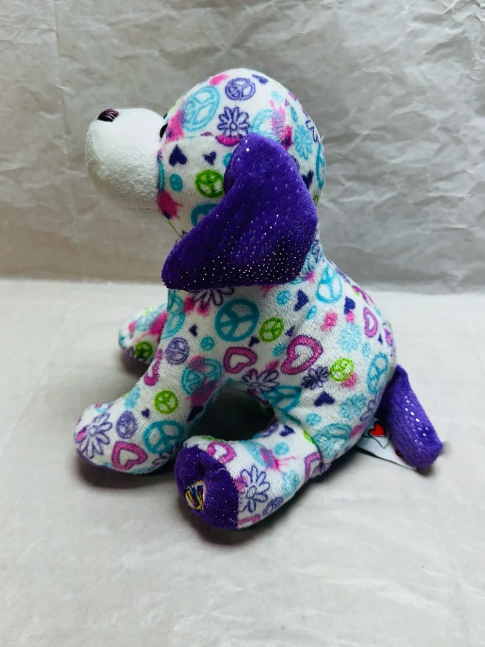 WEBKINZ GANZ Plush Puppy Toy - Purple & Multicolor Peace Signs